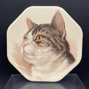 Ceramic Cork Backed Grey and White Tabby Cat Round Yellow Eyes Plaque Trivet
